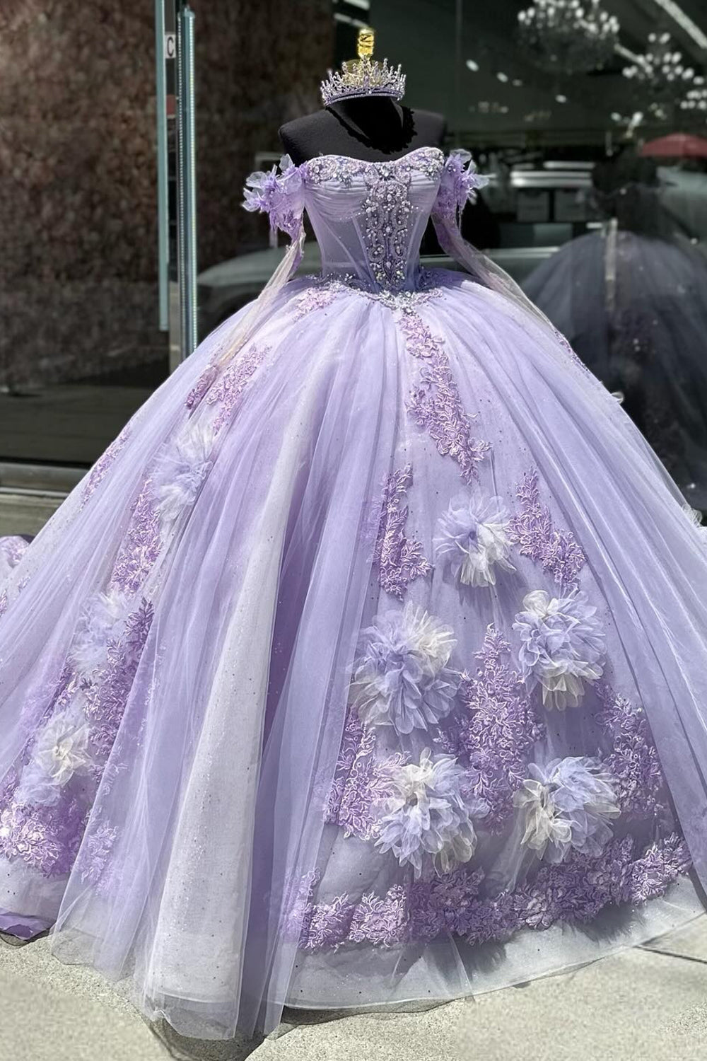 Floral Tulle Lilac Off the Shoulder Sparkly Appliques Corset Quinceanera Dress