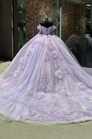 Floral Tulle Lilac Off the Shoulder Sparkly Appliques Corset Quinceanera Dress