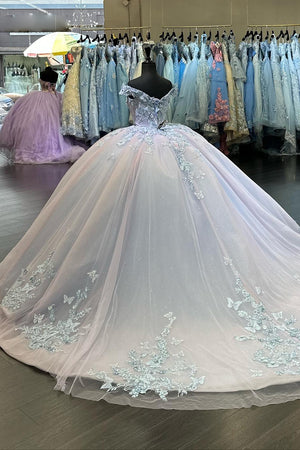 Butterfly Appliques Blue Tulle Beads Off the Shoulder Quinceanera Dress