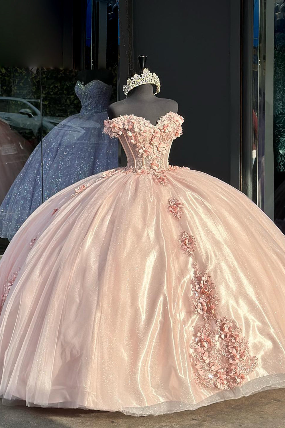 Blush Flowers Appliques Corset Off the Shoulder Tulles Quinceanera Dress