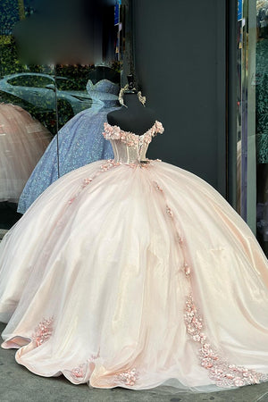 Blush Flowers Appliques Corset Off the Shoulder Tulles Quinceanera Dress