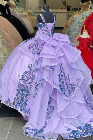 Sparkly Purple Appliques Spaghetti Straps Tulle Quinceanera Dress with Bowknot