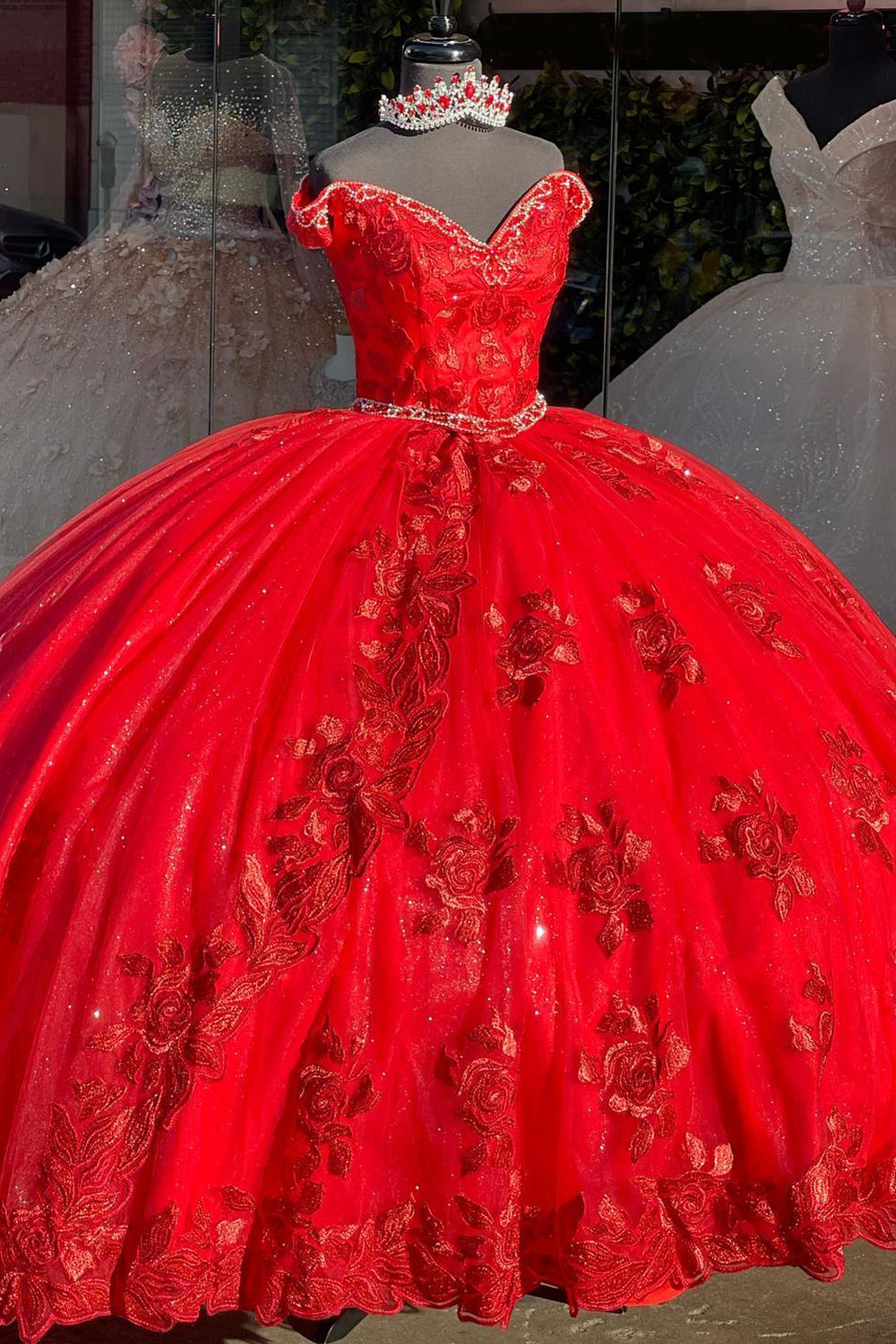 Red Ball Gown Floral Embroidery Beads Off the Shoulder Quinceanera Dress