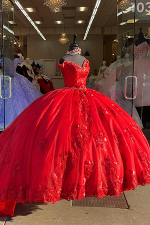 Red Ball Gown Floral Embroidery Beads Off the Shoulder Quinceanera Dress