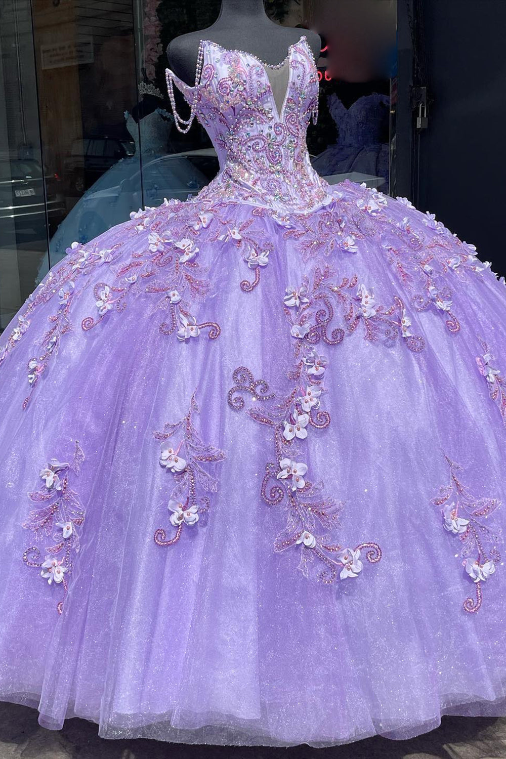 Purple Tulle Butterfly Appliques Beads Off the Shoulder Quinceanera Dress