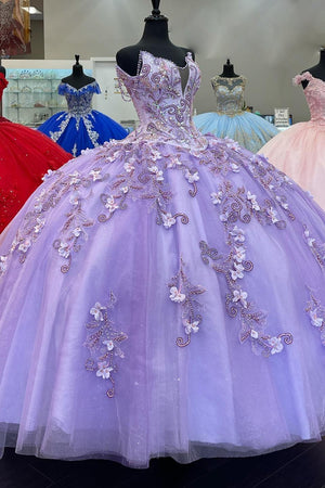 Purple Tulle Butterfly Appliques Beads Off the Shoulder Quinceanera Dress