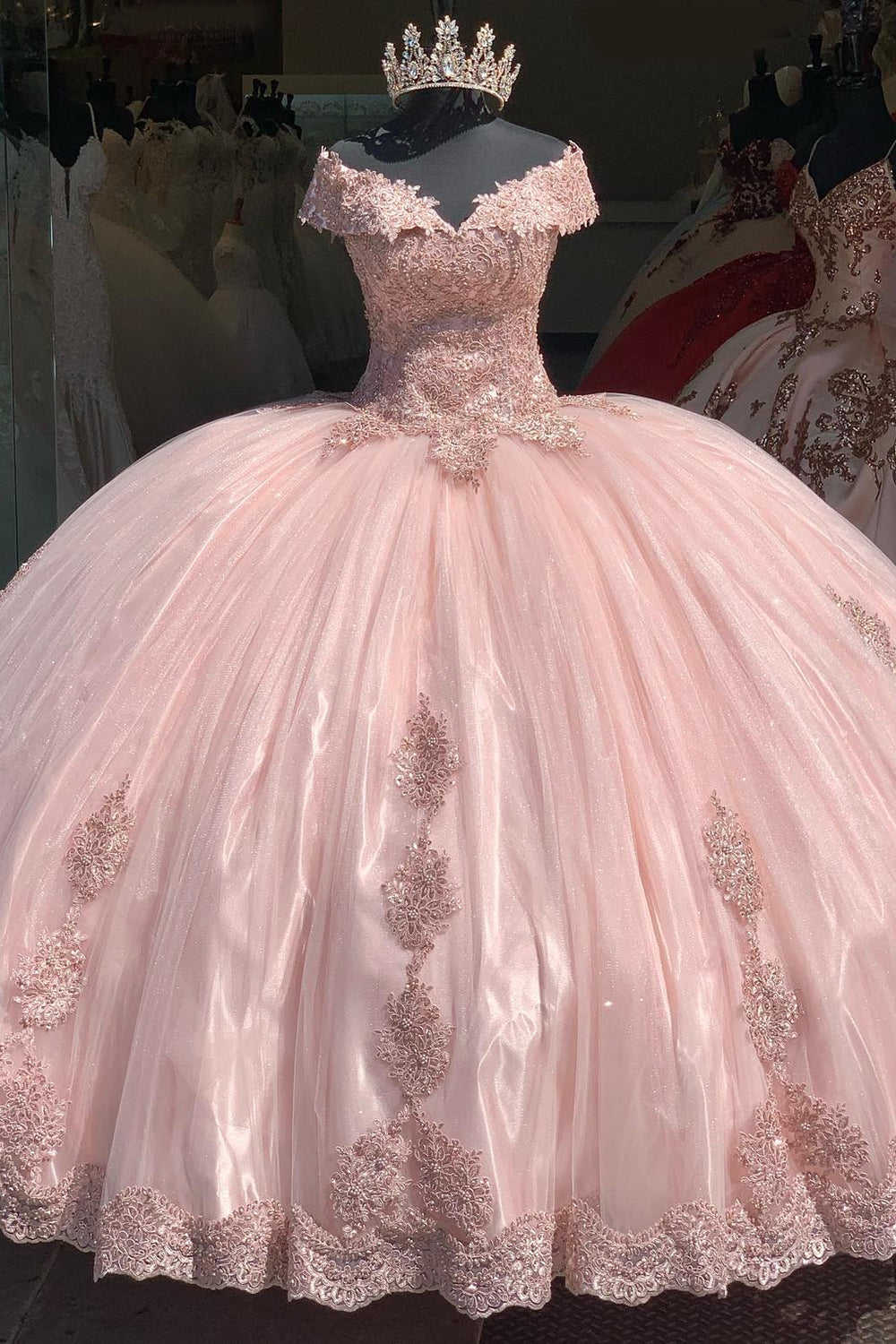 Blush Appliques Tulle Beads Off the Shoulder Quinceanera Dress