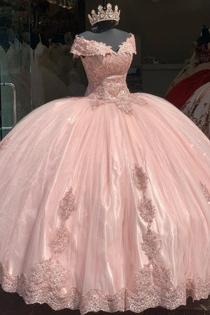 Blush Appliques Tulle Beads Off the Shoulder Quinceanera Dress