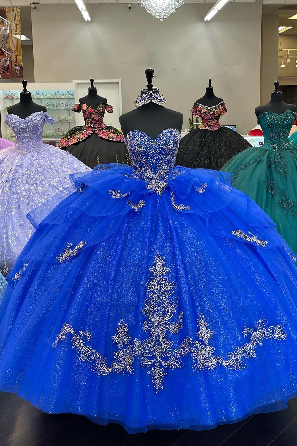 Glitter Royal Blue Tulle Appliques Beads Strapless Quinceanera Dress