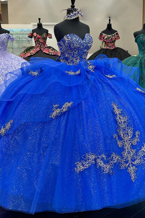 Glitter Royal Blue Tulle Appliques Beads Strapless Quinceanera Dress