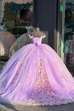 Lilac Tulle Floral Appliques Off the Shoulder Corset Quinceanera Dress