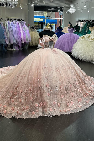 Blush Tulle Sparkly Floral Appliques Sequins Off the Shoulder Corset Quinceanera Dress