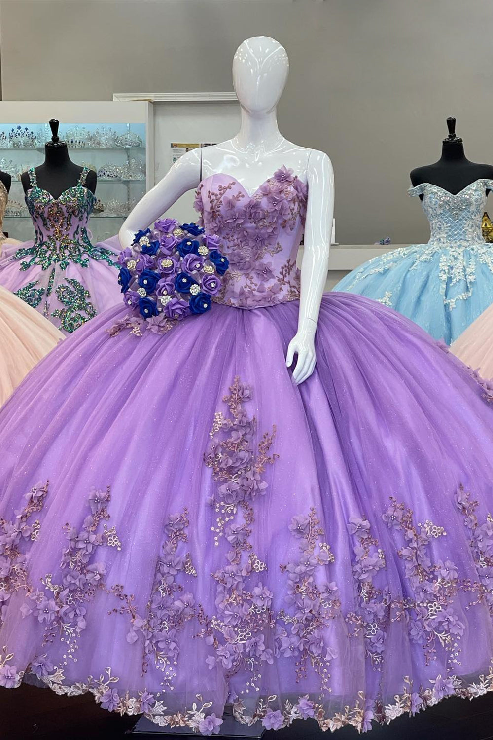 Sparkly Purple Tulle Floral Appliques Beaded Strapless Quinceanera Dress