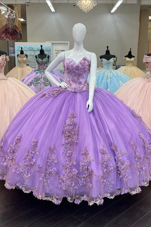 Sparkly Purple Tulle Floral Appliques Beaded Strapless Quinceanera Dress