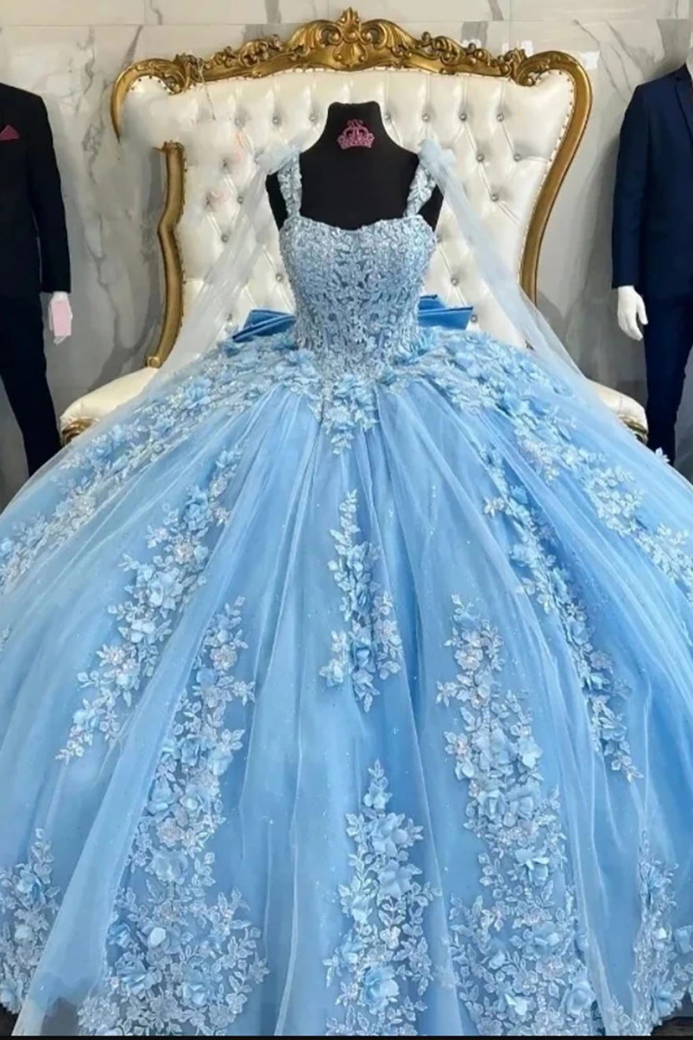 Appliques Light Blue Corset Tulle Bow Streamer Quinceanera Dress