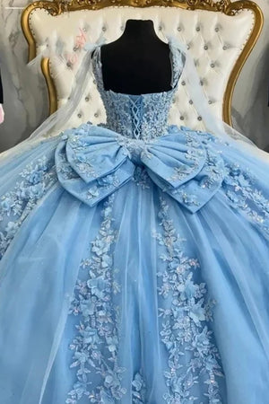 Appliques Light Blue Corset Tulle Bow Streamer Quinceanera Dress