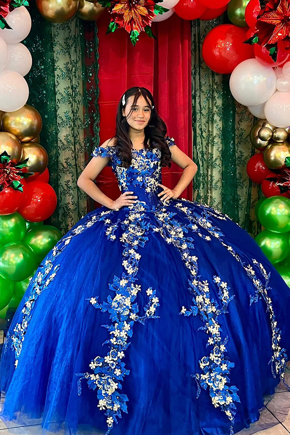 Sparkly Appliques Royal Blue Corset Off The Shoulder Quinceanera Dress