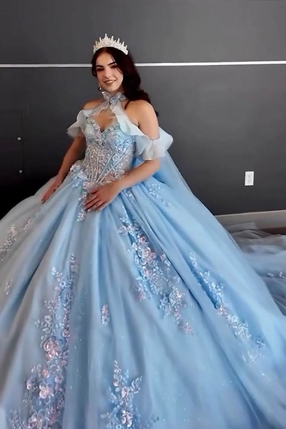 Sky Blue Sparkly Appliques Bow Corset Off The Shoulder Quinceanera Dress