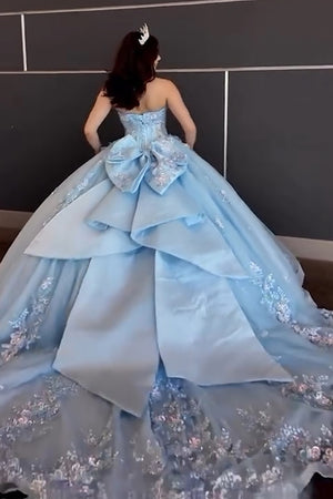 Sky Blue Sparkly Appliques Bow Corset Off The Shoulder Quinceanera Dress