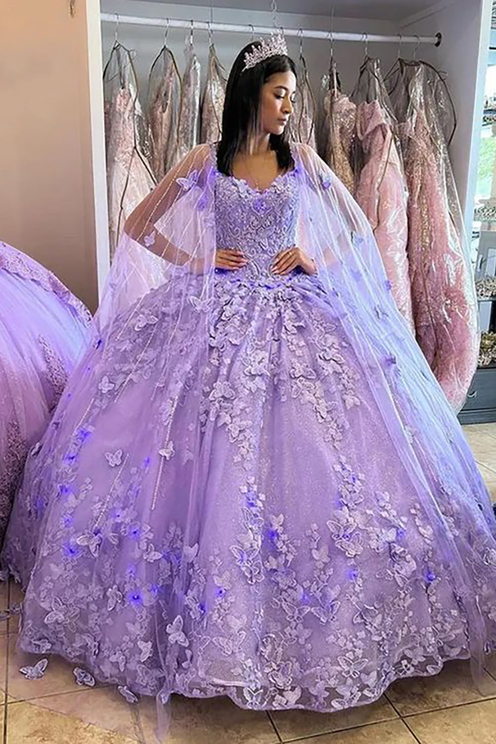 Sparkly Purple Butterfly Appliques Off The Shoulder Quinceanera Dress