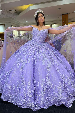 Sparkly Purple Butterfly Appliques Off The Shoulder Quinceanera Dress