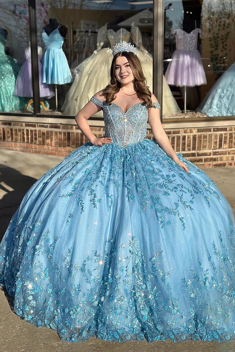 Sparkly Appliques Corset Blue Off The Shoulder Quinceanera Dress