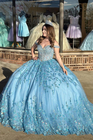 Sparkly Appliques Corset Blue Off The Shoulder Quinceanera Dress