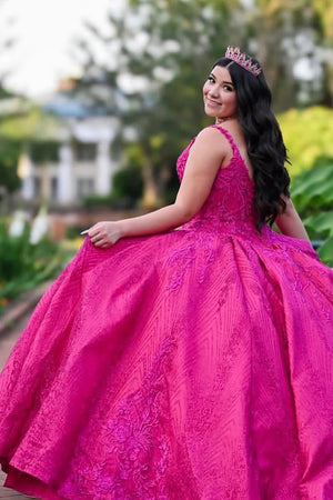 Fuchsia Embroidery Ball Gown Spaghetti Straps Quinceanera Dress