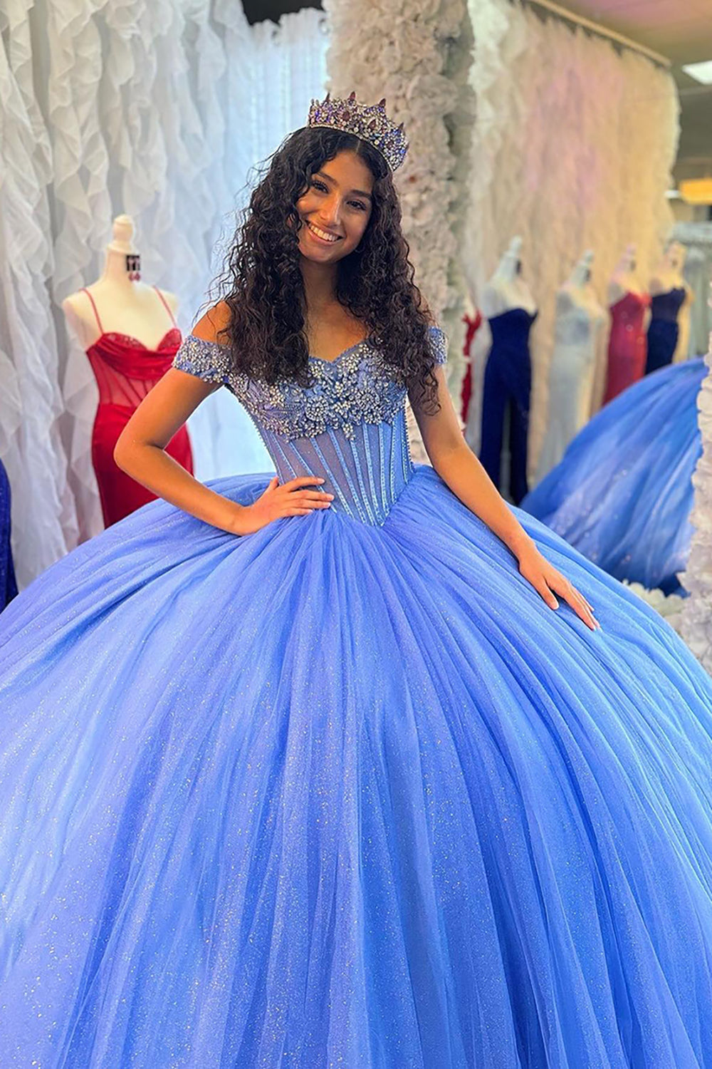 Tulle Blue Sparkly Appliques Corset Off The Shoulder Quinceanera Dress