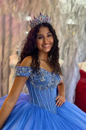 Tulle Blue Sparkly Appliques Corset Off The Shoulder Quinceanera Dress