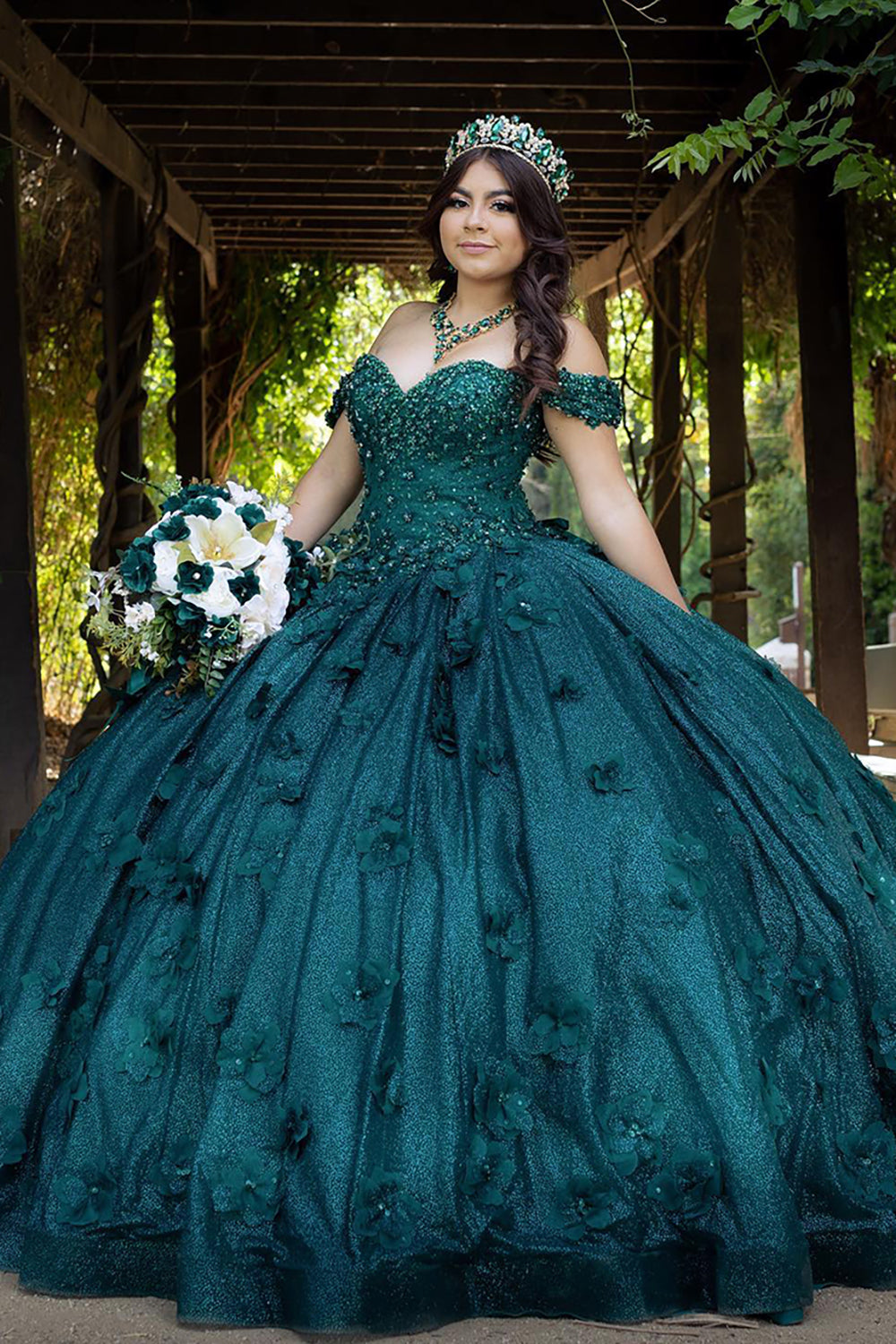 Sparkly 3D Floral Appliques Dark Green Off The Shoulder Quinceanera Dress