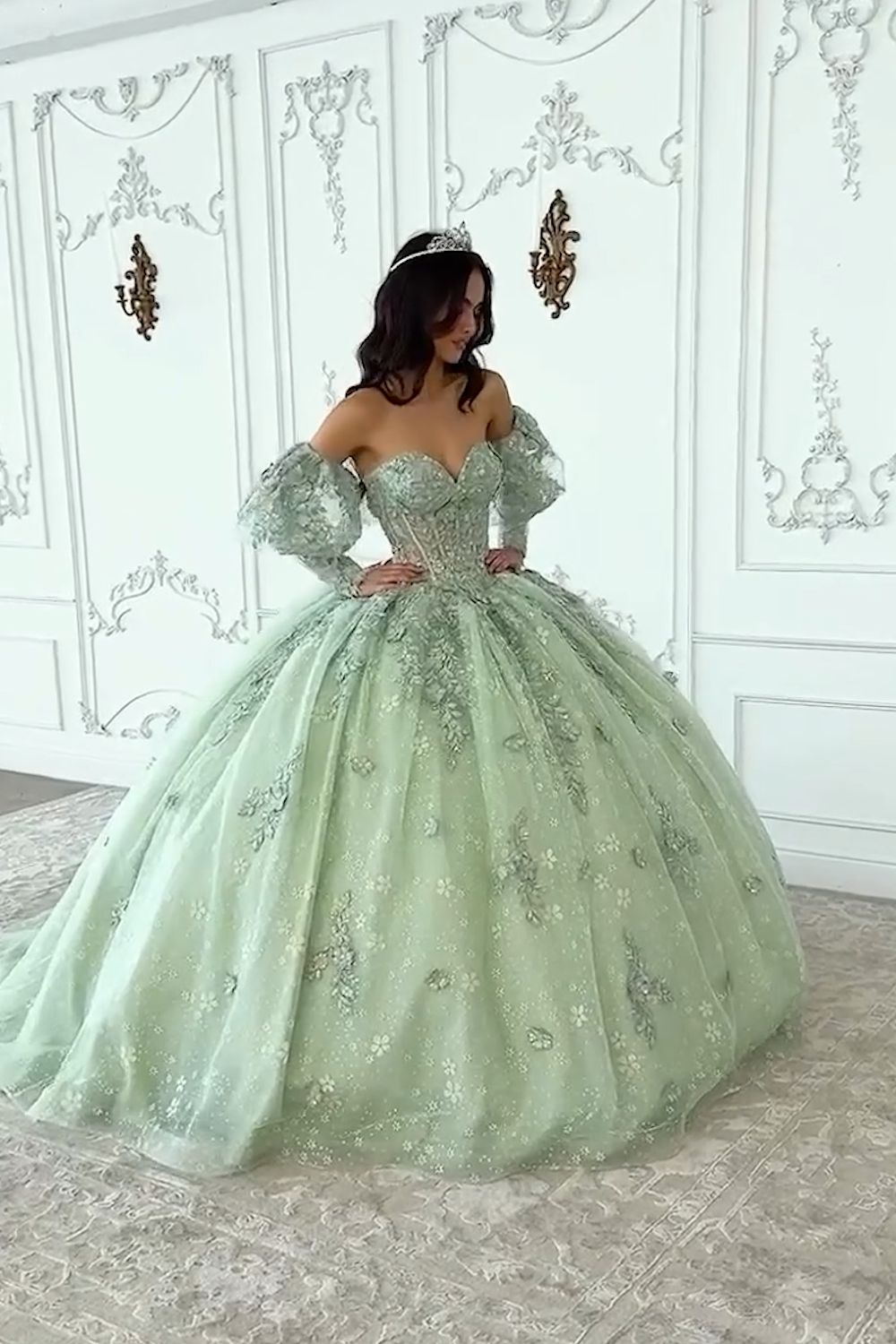 Off The Shoulder Sage Appliques Corset Tulle Quinceanera Dress