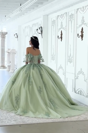 Off The Shoulder Sage Appliques Corset Tulle Quinceanera Dress