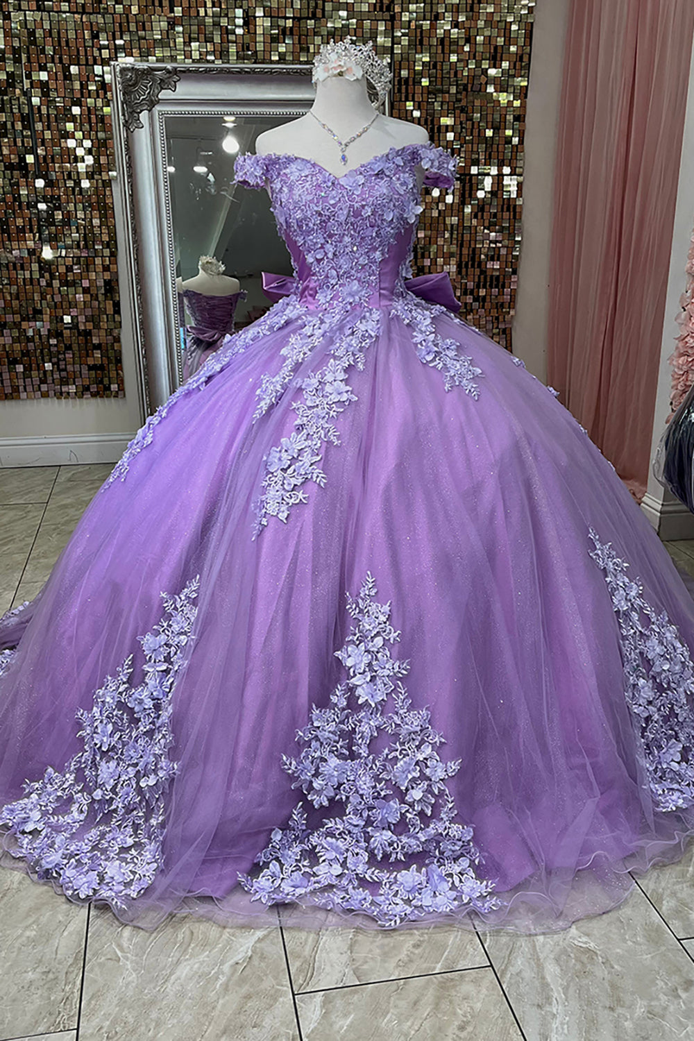 Sparkly Purple 3D Floral Appliques Off The Shoulder Tulle Quinceanera Dress