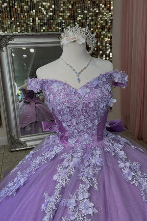 Sparkly Purple 3D Floral Appliques Off The Shoulder Tulle Quinceanera Dress