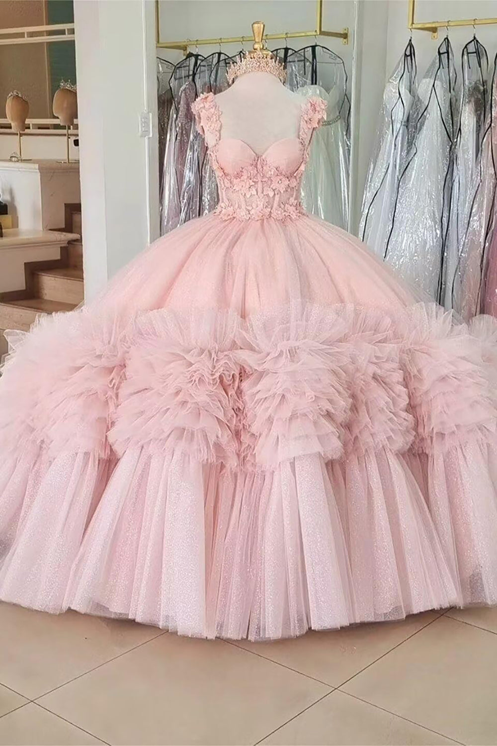 Sparkly Ruffle Corset Pink Appliques Off The Shoulder Tulle Quinceanera Dress