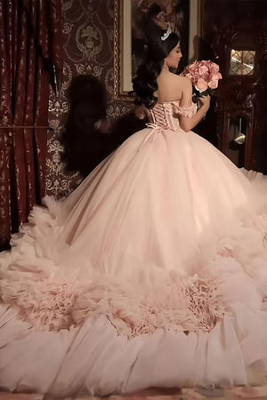 Sparkly Ruffle Corset Pink Appliques Off The Shoulder Tulle Quinceanera Dress