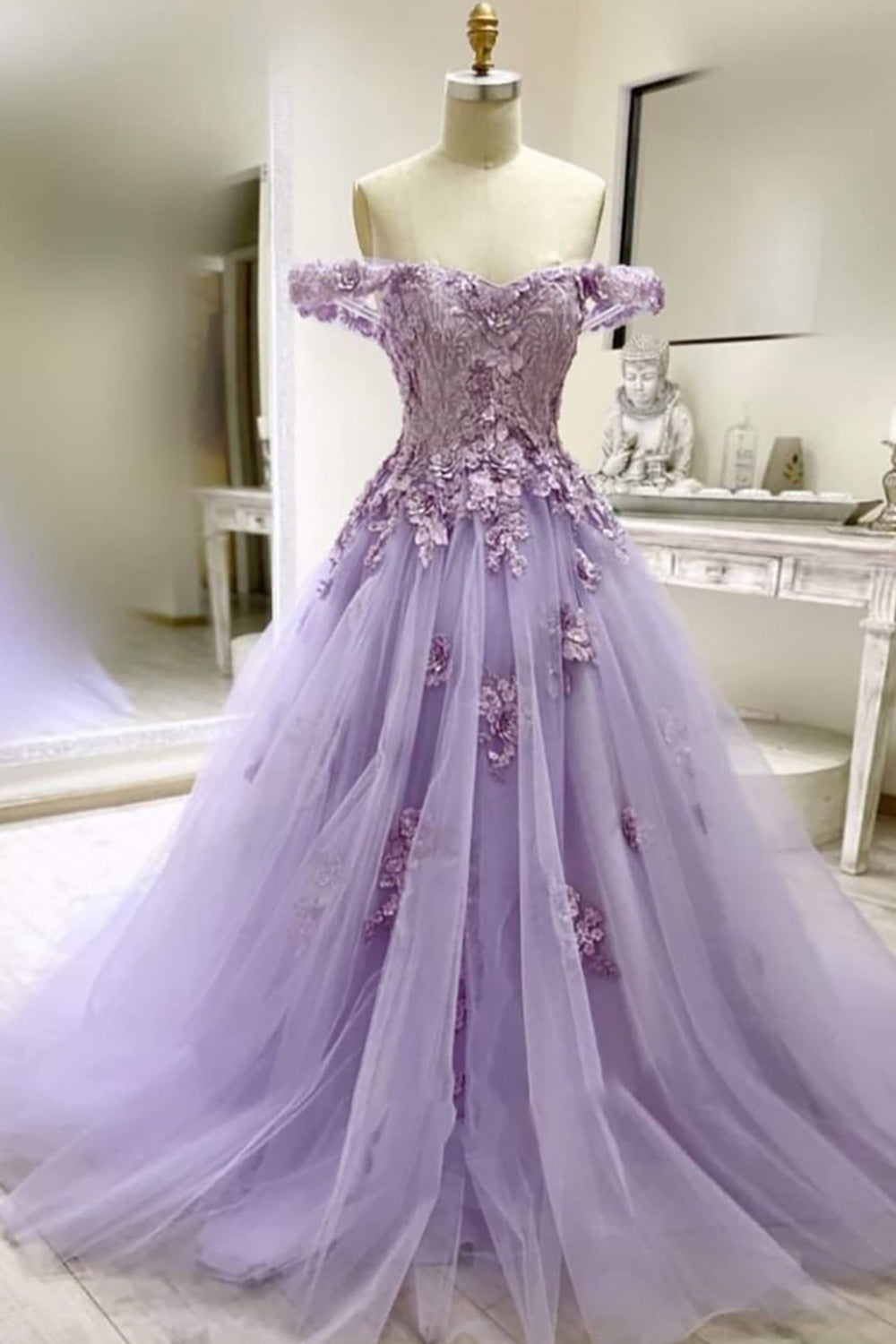 Lilac 3D Flower Appliques Off The Shoulder Tulle Quinceanera Dress