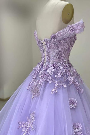 Lilac 3D Flower Appliques Off The Shoulder Tulle Quinceanera Dress