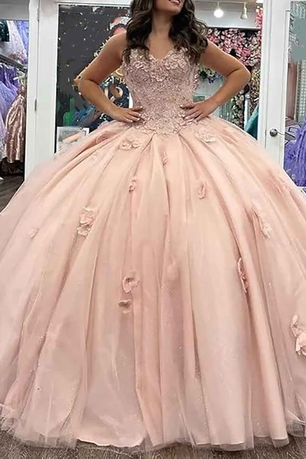 Sparkly Strapless Pink Appliques Tulle Quinceanera Dress