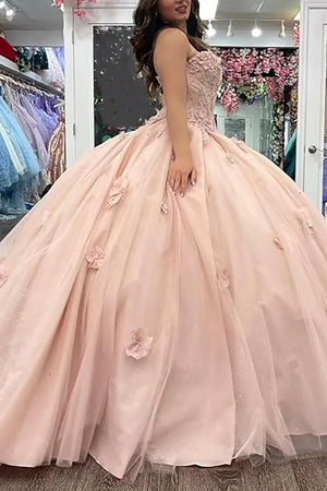 Sparkly Strapless Pink Appliques Tulle Quinceanera Dress