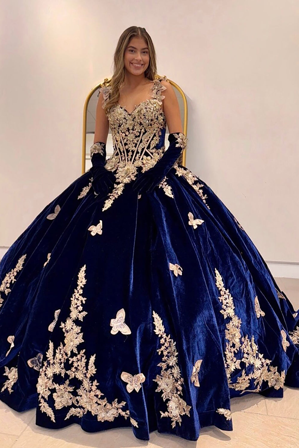 Velvet Navy Appliques Off The Shoulder Corset Appliques Quinceanera Dress