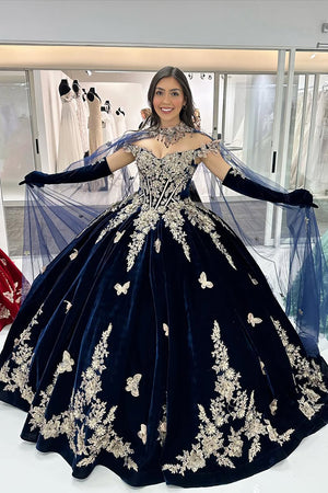 Velvet Navy Appliques Off The Shoulder Corset Appliques Quinceanera Dress