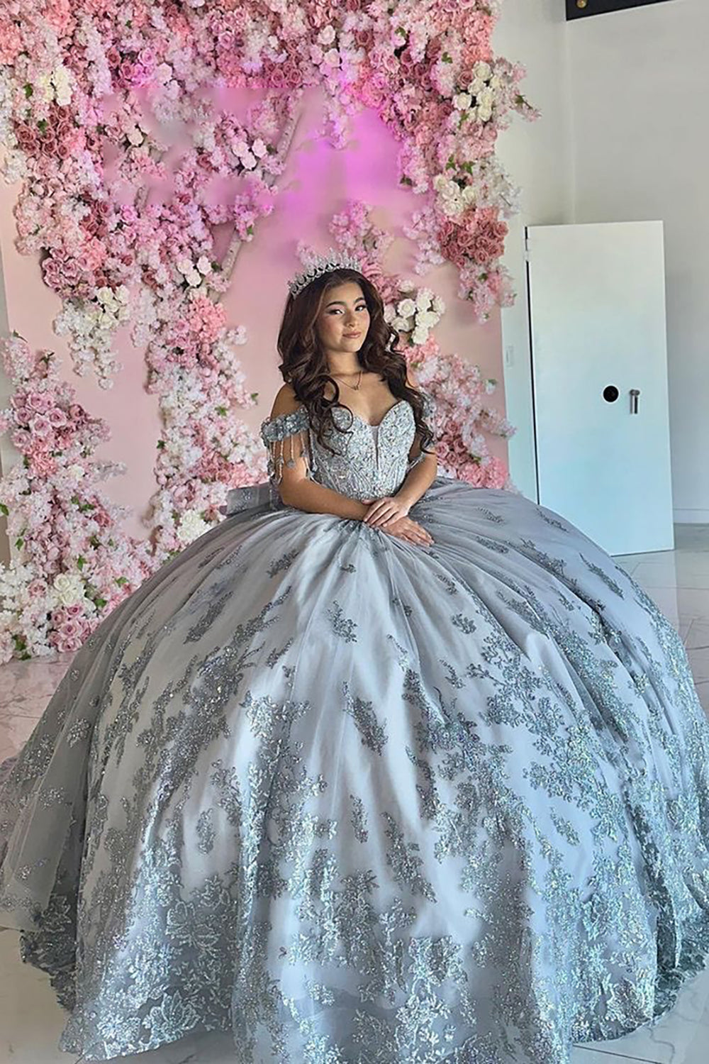 Sparkly Grey Blue Appliques Off The Shoulder Tulle Quinceanera Dress