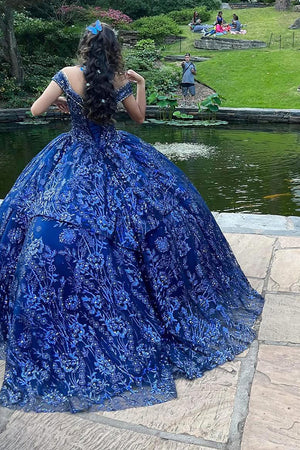 Royal Blue Sparkly Appliques Off The Shoulder Quinceanera Dress