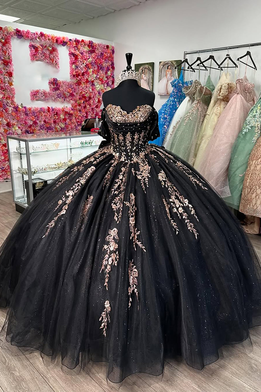 Sparkly Beaded Appliques Black Corset Off The Shoulder Quinceanera Dress