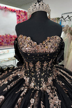 Sparkly Beaded Appliques Black Corset Off The Shoulder Quinceanera Dress