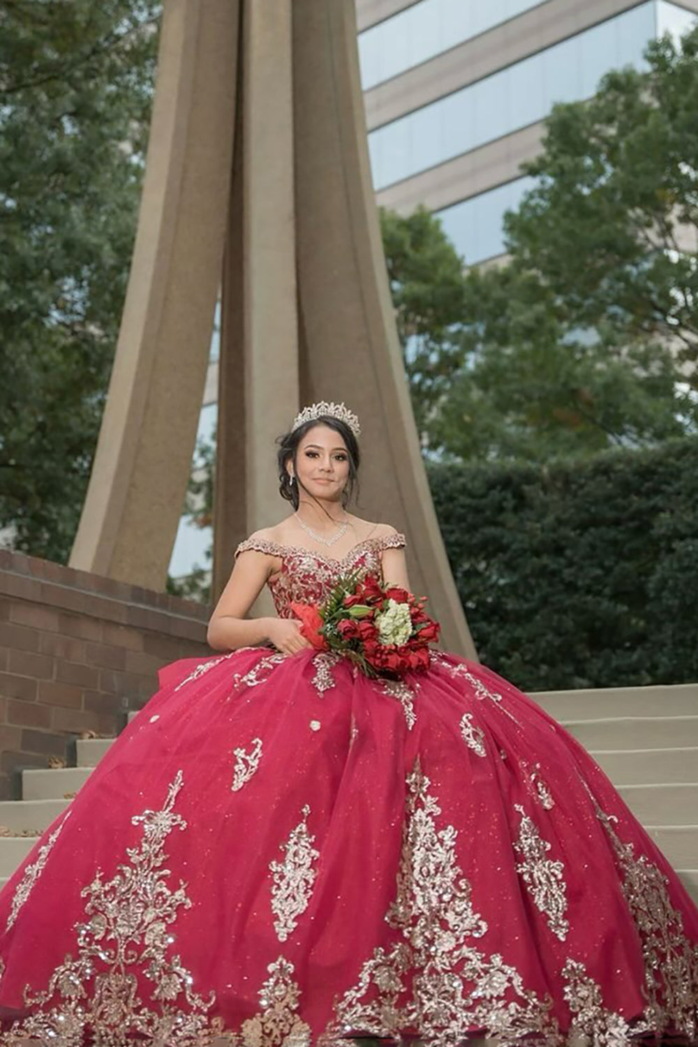 Red Sparkly Appliques Off The Shoulder Quinceanera Dress with Bow