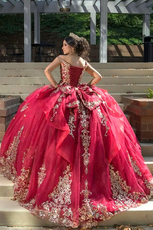 Red Sparkly Appliques Off The Shoulder Quinceanera Dress with Bow