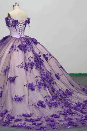 Purple 3D Floral Appliques Sparkly Strapless Tulle Quinceanera Dress